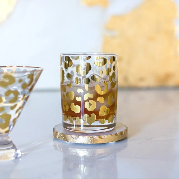 Mary Square Gold Foil Leopard 12 ounce Glass Cocktail Old Fashioned set of 4 - Picture 1 of 4
